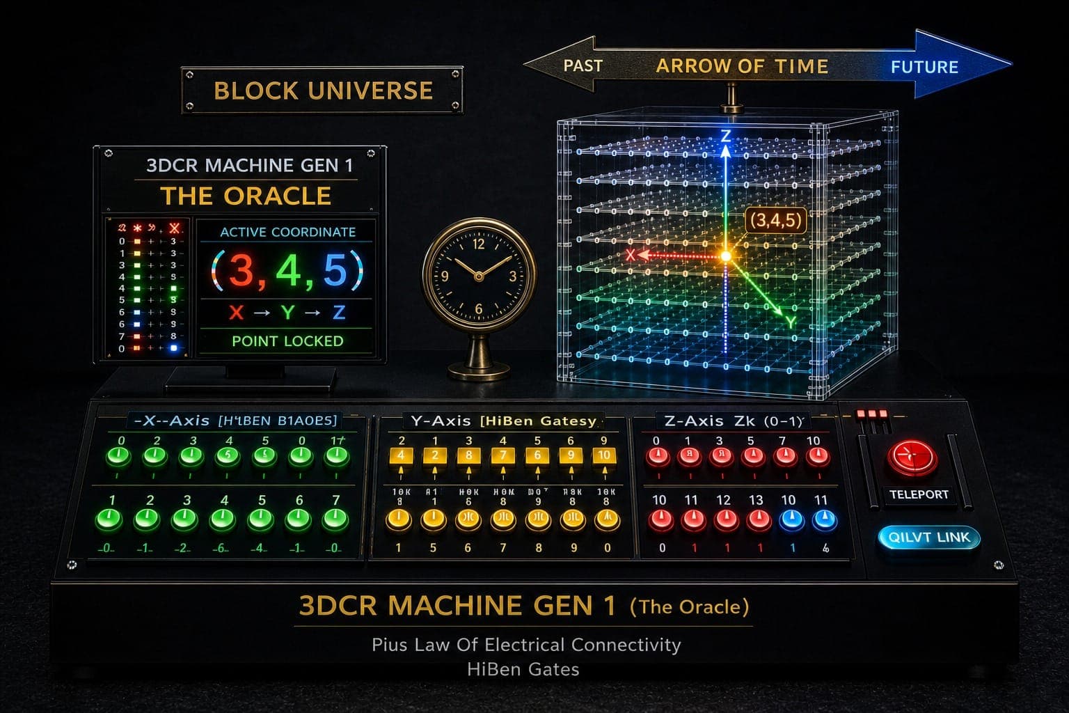 3DCR Machine Gen 1 (The Oracle) — a 3D coordinate cube beside an active-coordinate display and X, Y, Z axis control banks